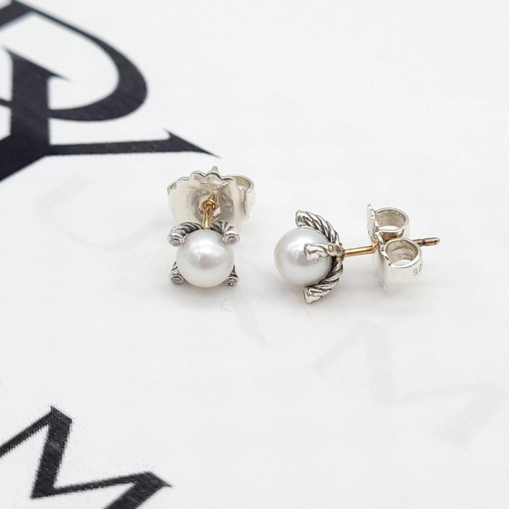 DAVID YURMAN 6mm Cable Classic Pearl Earrings in Sterling Silver w/ Diamonds 925